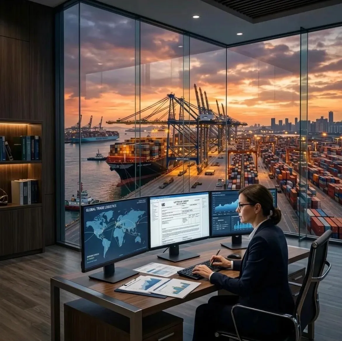 Profesional de comercio exterior trabajando frente al puerto
