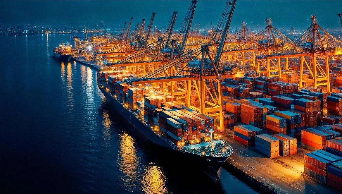 Buque portacontenedores operando de noche en el puerto